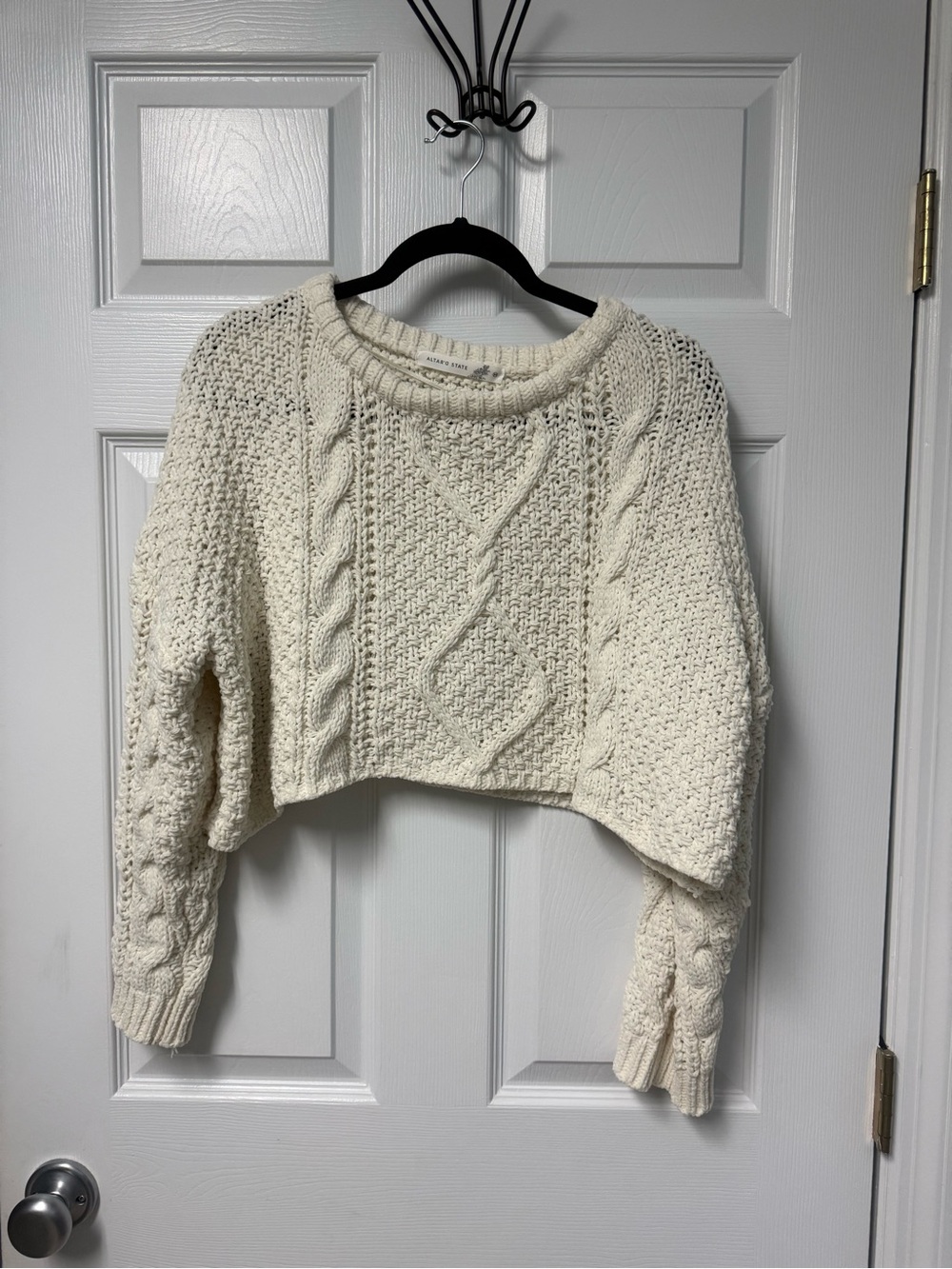 Altar'd State Cream Cable Knit Cropped Crewneck Sweater